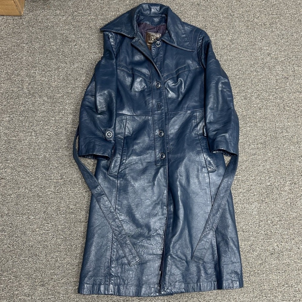 Dan Di Modes Leather Trench Coat Womens Size 8 Blue Vintage 70s Belted Longline